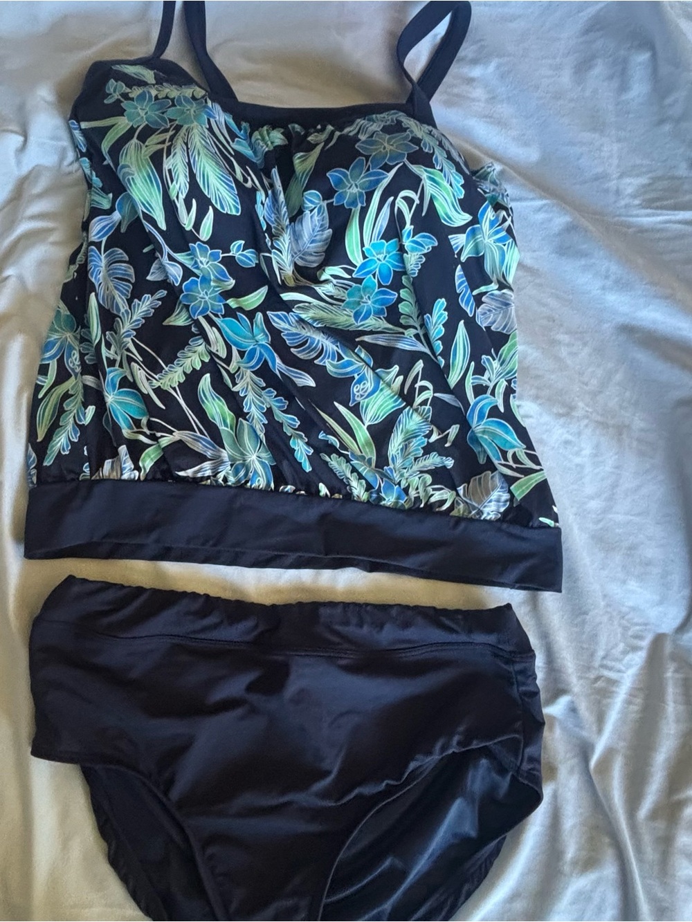 Lands' End Black Tankini with Blue & Green Floral Print